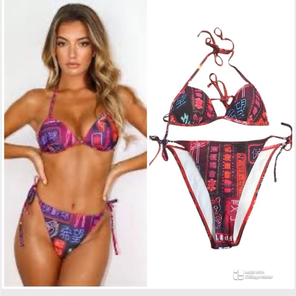 Neon Asian Streetwear Print String Bikini